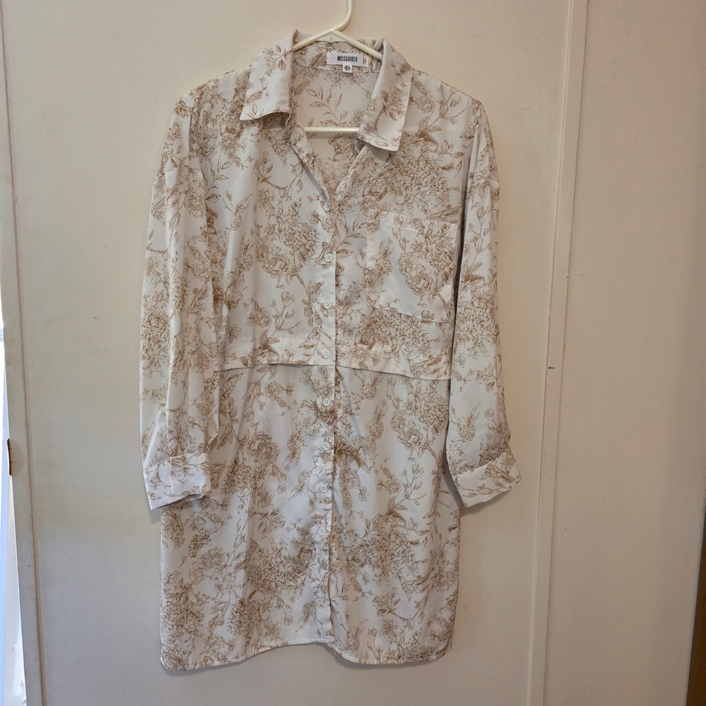 Missguided Womens Toile Shirt Dress Size 4 White Tan Floral Button Down